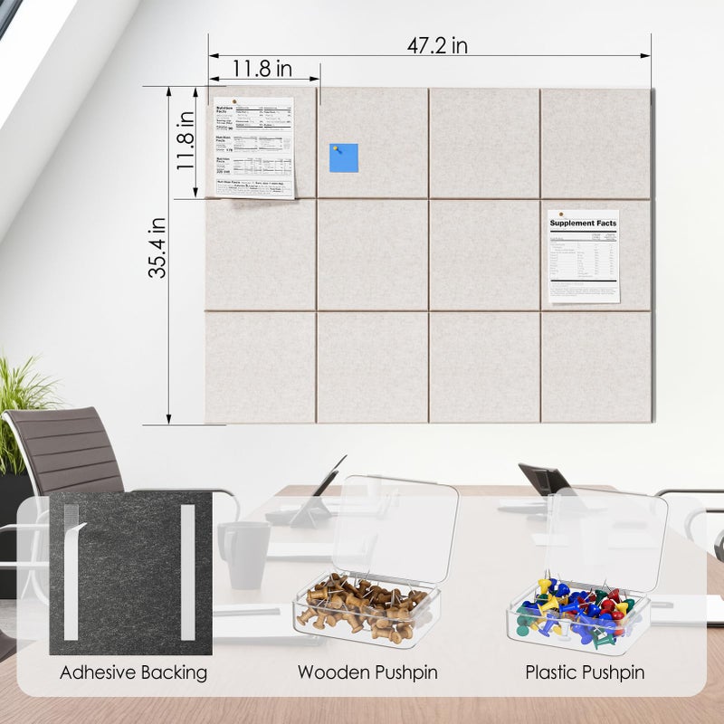 ماكسجير لوحة الفلين الكبيرة من MaxGear للجدار مقاس 48 بوصة × 36 بوصة، لوحة إعلانات بلون أسمر فاتح، 12 قطعة من بلاط الحائط اللباد مع دبابيس الدفع، لوحات الفلين للمكتب، لوحة تثبيت لديكور قائمة الصور - Image 5